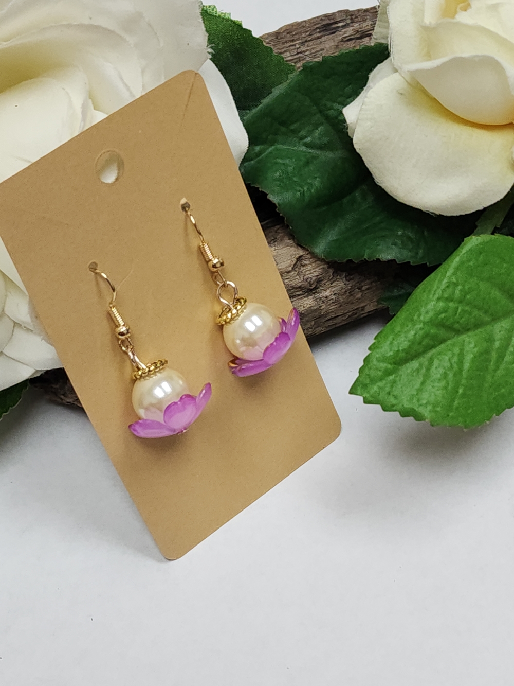 Gold Toned Faux Pearl Drop Earrings with Pink Flower Accents